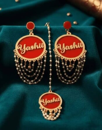 Custom Name Acrylic Earrings and Mang Tika set | Personalized Jewelry for Women