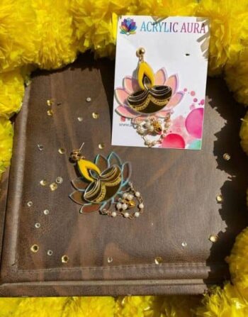 Diwali acrylic earrings with lotus petals, yellow flame and pearl-style beads