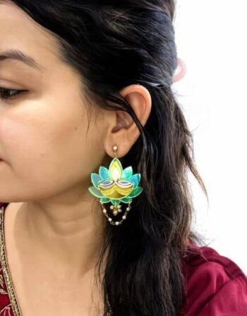 Diwali acrylic earrings with lotus petals, yellow flame and pearl-style beads