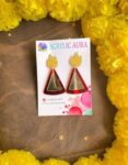 Red triangle Diwali earrings with golden glitter flame-shaped tops