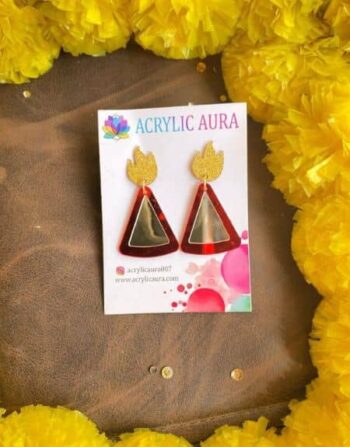 Red triangle Diwali earrings with golden glitter flame-shaped tops